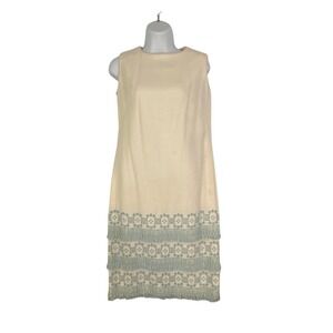 Miss Couture VTG 60s White Shift Dress Blue Embroidered Fringe Tier Hem 36 bust